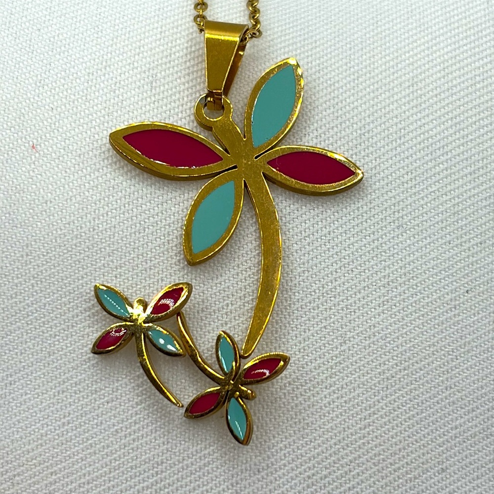 Vintage Gold Dragonfly Necklace Set Gold Plated Stainless Steel Earrings